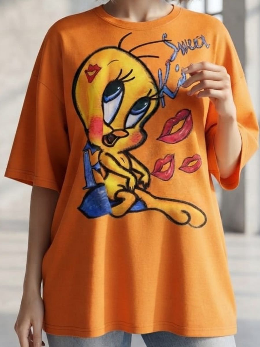 Womens Oversized Graphic Print Orange T-Shirt